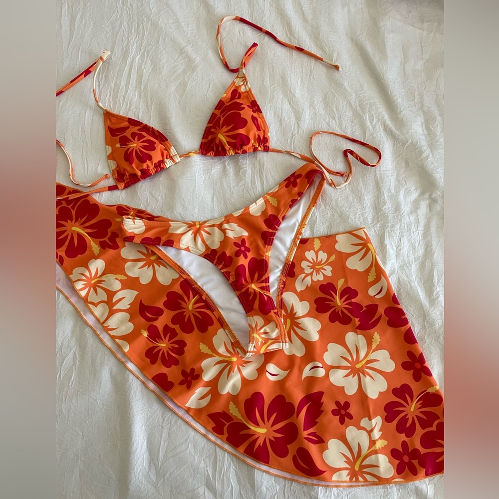 Floral Orange and Red Bikini Set with Sarong